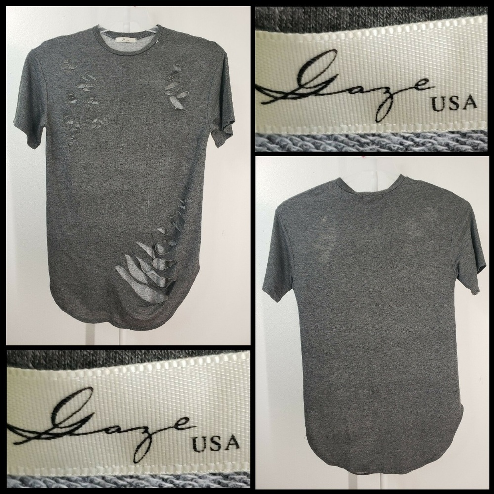 Gaze Men Short Sleeve Long T shirt Destroy Rip